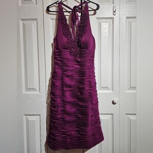 Halter Fitted Ruched Bridesmaid Dress | Adrianna Papell | Magenta/Purple